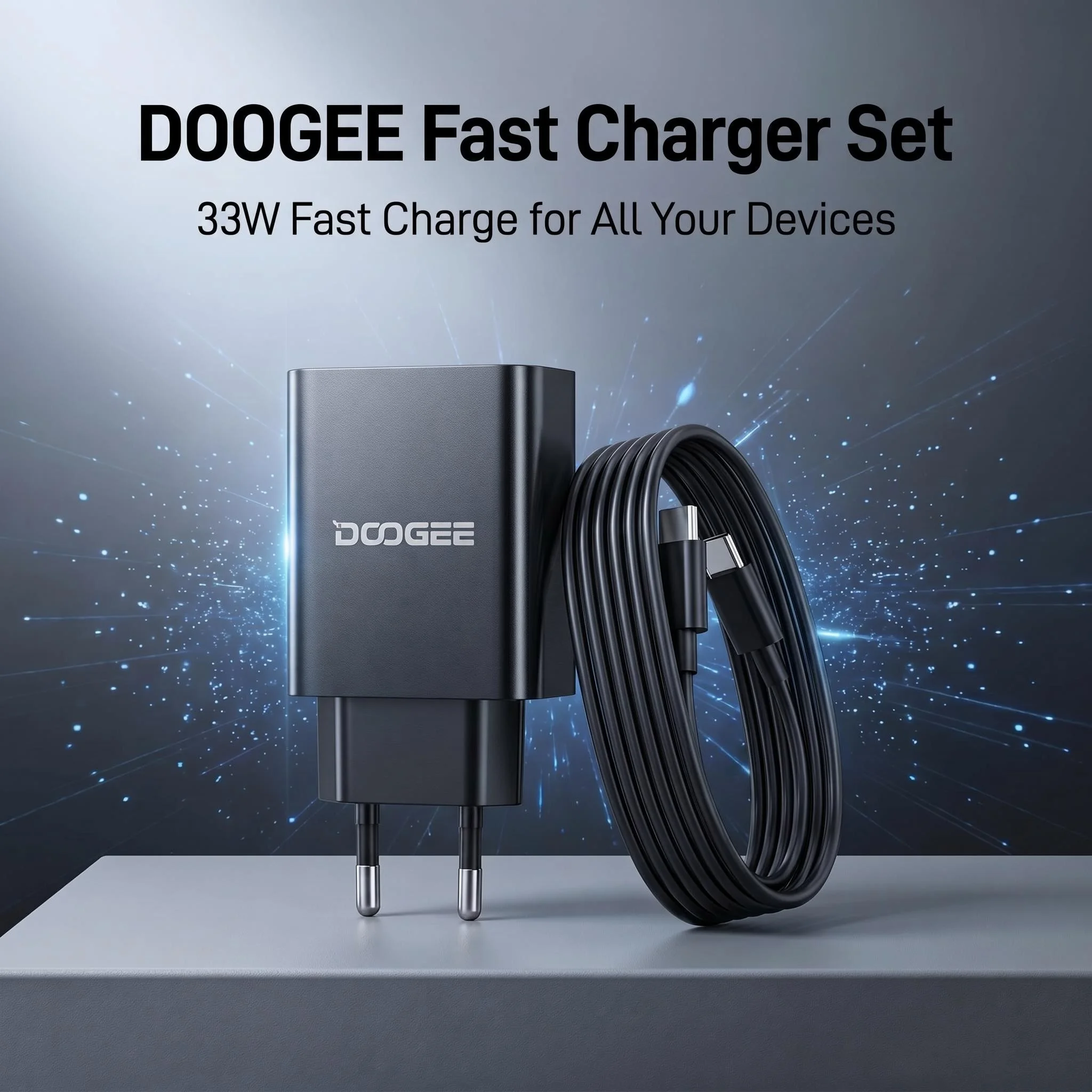 Фото Комплект быстрого зарядного устройства Doogee с адаптером питания EU и двумя кабелями Type-C для DOOGEE S Punk V Max pro S200 S200X Fire 6 Power S119 №1