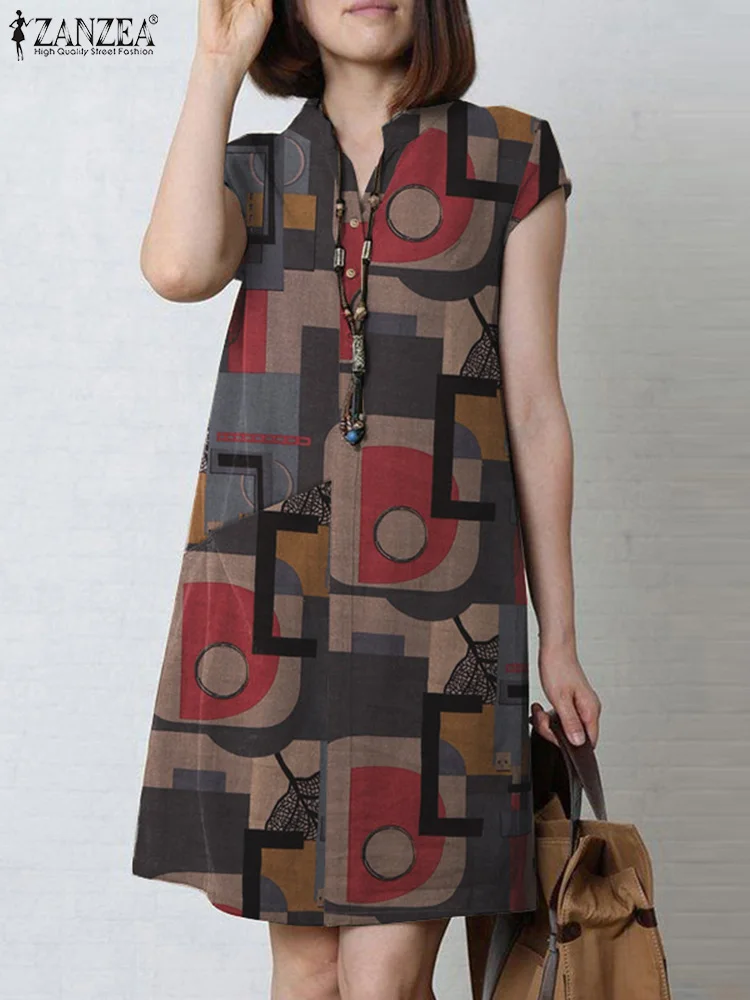 

ZANZEA Vintage Women Summer Sundress Retro Casual Holiday Party Knee-length Vestido Short Sleeve Floral Printed Dress Robe Femme