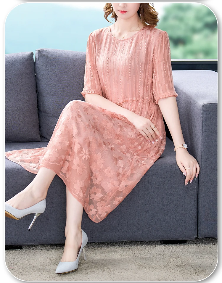 

Pink Embroidered Korean O Neck Short Sleeve Summer Dress Women's Embroidered Dress Elegant Simple Slim Casual Vestidos 2022 New
