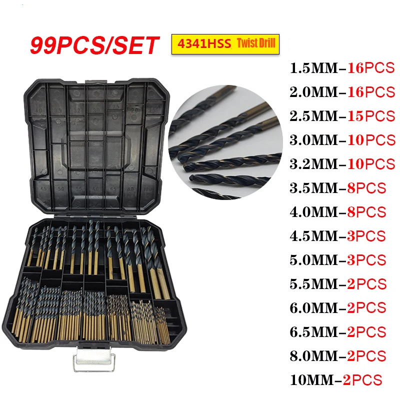 

1mm-10mm 4341 High-Speed Steel Twist Drill Set 99PCS of Metal Drilling Bits Set Drills Whole Ground Metal Reamer Tools