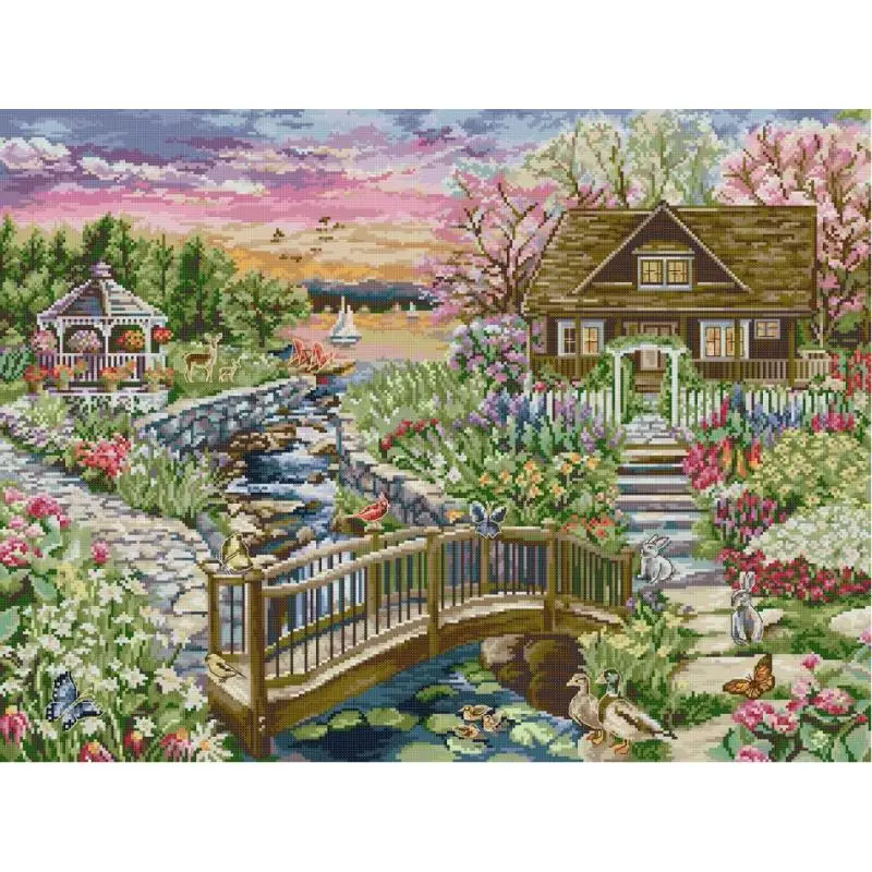 Набор для вышивки крестиком с изображением весеннего озера дома белые тканевые