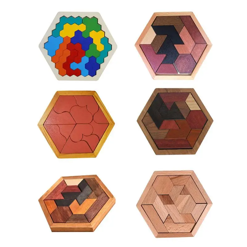 

Wooden Brain Teaser Puzzles Geometry Shape Brain Hexagon Tangram Ames for Toddlers Kids Family Portable Puzzles Game