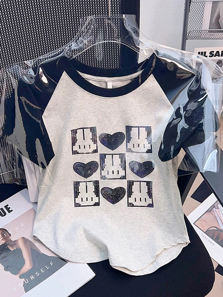 

Cotton Round Neck Raglan Sleeve T-shirt 2023 Summer New Slim Top for Women