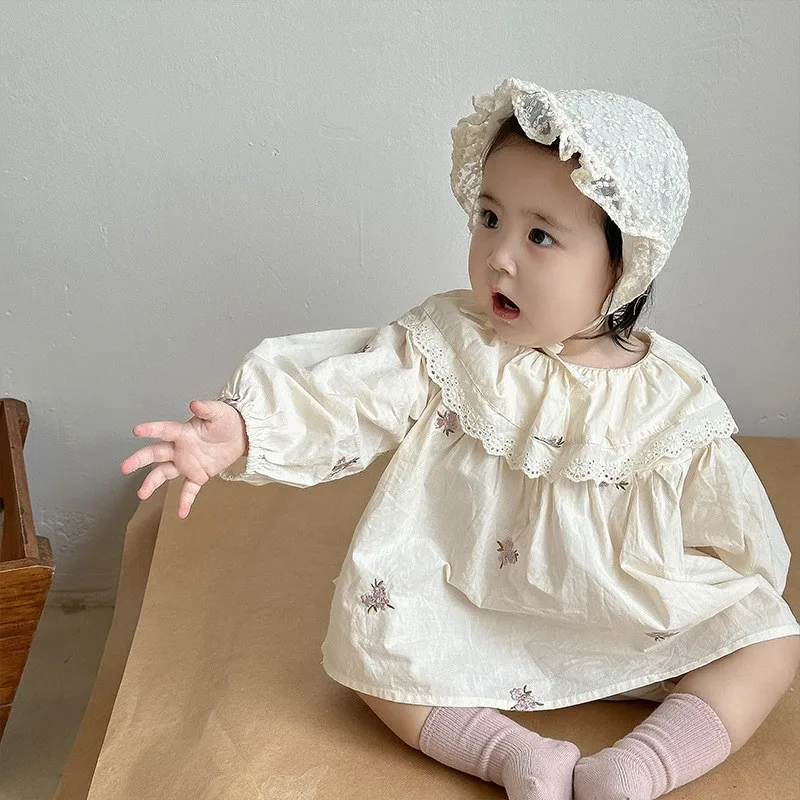 

Children Autumn Clothes Girl Baby Embroidery Flower Thin Loose Long Sleeve Sleeves T-shirt Kids Cotton Lotus Collar Casual Tops