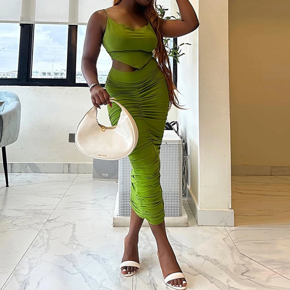 

Соблазнительный комплект Clolthes, Женский однотонный топ на бретельках-спагетти с высокой талией, облегающая бедра юбка-карандаш, повседневный комплект из 2 предметов для женщин