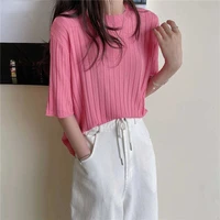 women t shirts summer knitted slim sweet all match candy colors fashion korean style folds simple solid comfort leisure o neck