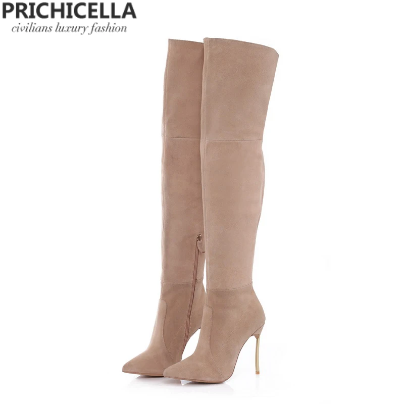 

PRICHICELLA Iron heel genuine leather brown women thigh high boots high heeled tall gladiator booties size34-42