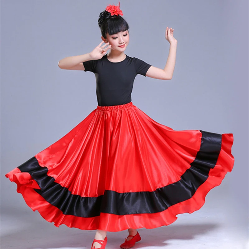 

Luxury Satin Golden Gypsy Girls Spanish Flamenco Skirt Ruffle Striped Teenager Girls Ballroom Belly Dance Costumes Long Skirt