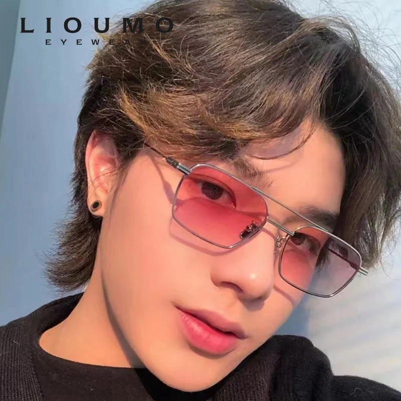 

LIOUMO Fashion Square Sunglasses Men Street Shooting Glasses Women Gradient Pink Metal Eyewear Anti-Glare lentes de sol hombre