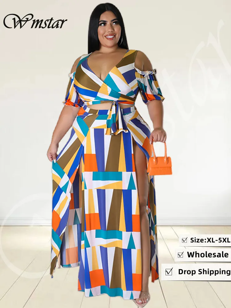 Wmstar Summer Plis Size Dress Sets Two Piece V Neck Printed Crop Top Big Swing Skirts Sexy Suits Slip Hem Wholesale Dropshipping