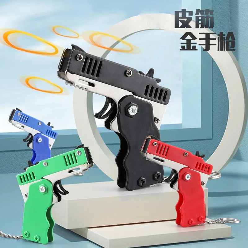 

Metal Toy Gun Mini Folding Rubber Band Toy Outdoor Sports Keychain Toy 6 Bursts Rubber Toy Pistol For Boyfriend Gifts