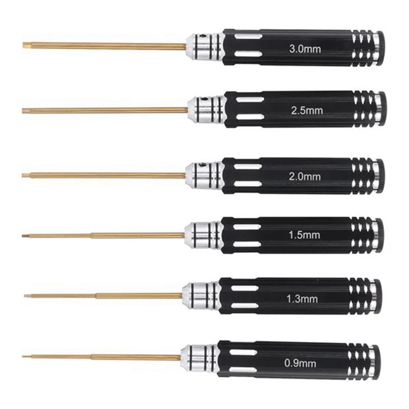 

RC Tools 6 Pcs Hex Screw Driver Set Titanium Plating Hardened 0.9/1.3/1.5/2.0/2.5/3.0Mm Screwdriver For Rc Drone Rc Toys