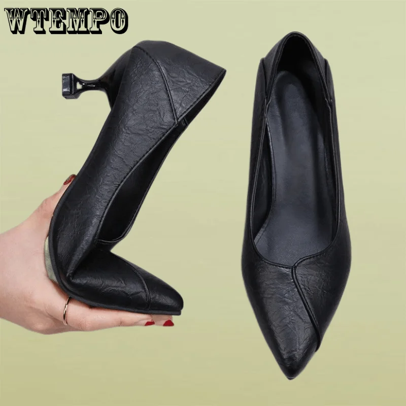 

Женские кожаные туфли-лодочки WTEMPO, черные туфли на высоком каблуке, с острым носком, обувь для офиса, оптовая продажа, Прямая поставка