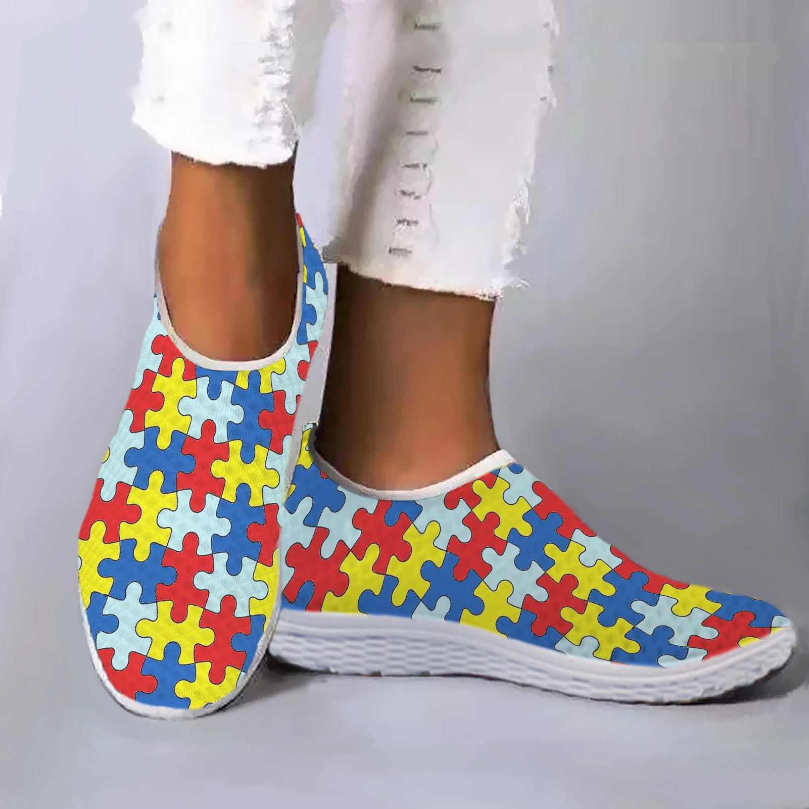 

INSTANTARTS Autism Awareness Themed Design Mesh Shoes Comfortable Leisure Shoes Breathable Casual Sneakers Soft Soled Shoes