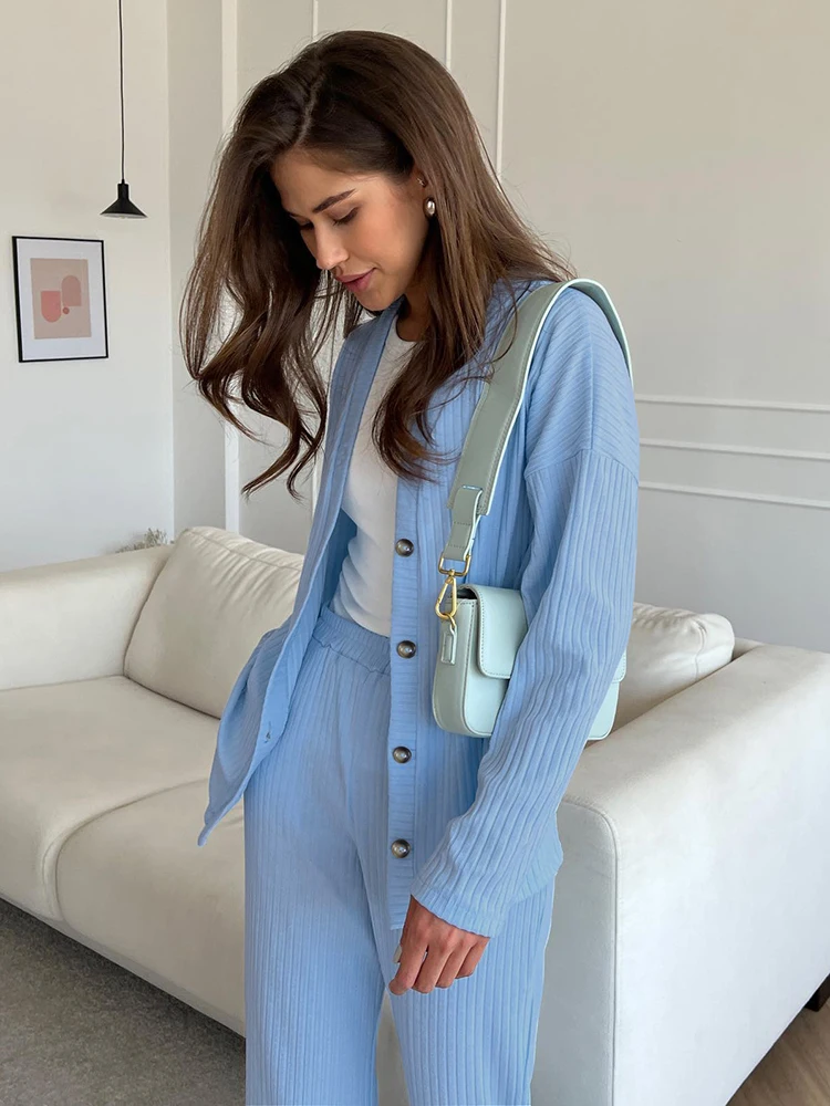 

Hiloc Blue Knitted New In Pajamas For Women Sets V-Neck Single Breasted Sleepwear Long Sleeve Ribbed Elegant Women's Sets 2023