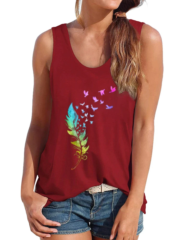 

Crew Neck Sleeveless Loose 90s Ladies Femme T Shirt Harajuku Tanks Top Mujer New Casual Feather Print Summer Women Tank Top