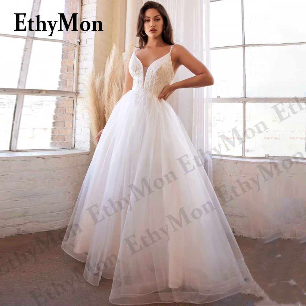 

Ethymon Simple Deep V-Neck Spaghetti Straps Tulle Wedding Dresses For Bride Vestido De Casamento Pleat Personalised Appliques