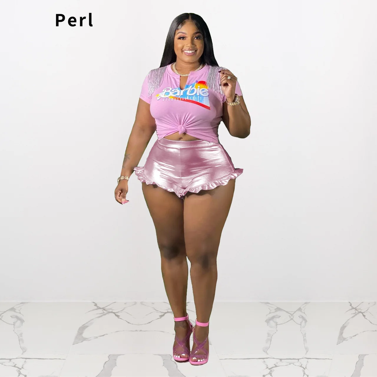 

Perl Printed Hip-hop T-shirt Tassel Fringe Pants Suit Two-piece Set Women Outfits Summer Clothing Cinjunto De Dos Piezas Mujer