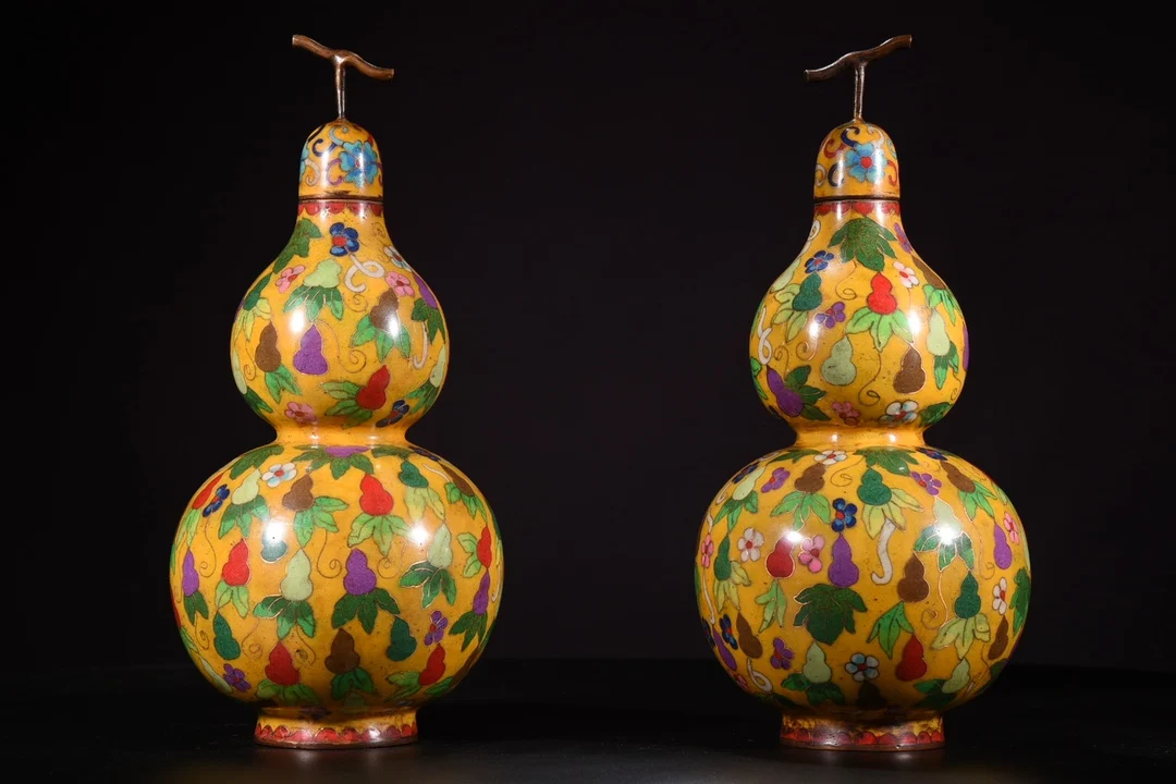 

12" Chinese Folk Collection Old Bronze Enamel FLU Shuangquan gourd ornament a pair office Town house Exorcism