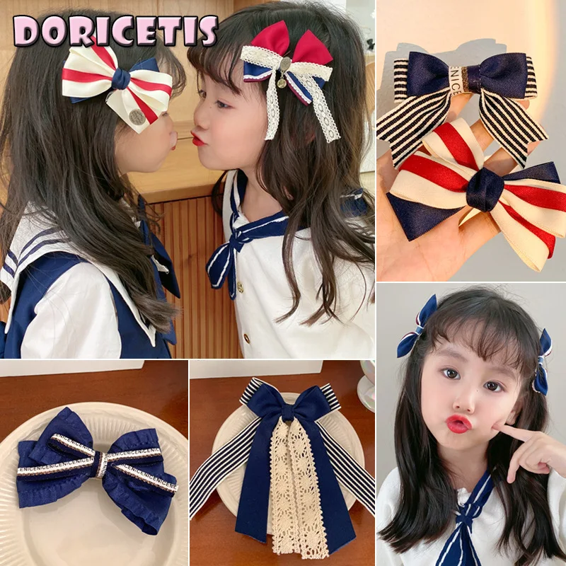 

Baby Girl Hairpin Cute Blue Series Bow Tassel British School Style Headdress Children Handmade Accessories Barrettes New Hot