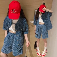suit for girls summer new 2022 kids short sleeve cardigan shorts two piece girls of 14 years denim sets children clothing outfit
