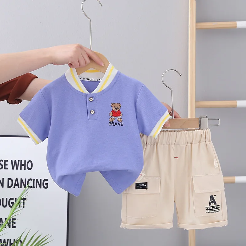 

Toddler Boy Outfits 2022 Summer Fashion Cartoon Turn-down Collar T-shirts Tops and Denim Shorts Clothing Sets Kids Tracksuits