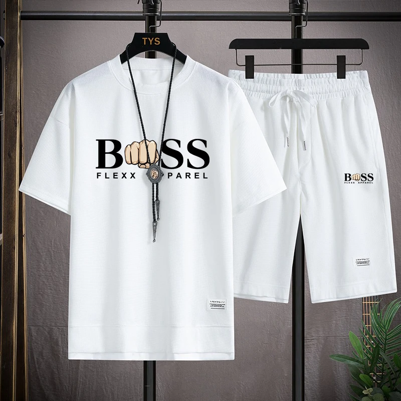 

2023 Summer Breathable Sweat Absorbent Men's Suit Fashion Korean Sports Short Sleeve T-shirt + Sports Shorts Two-piece Plus Size