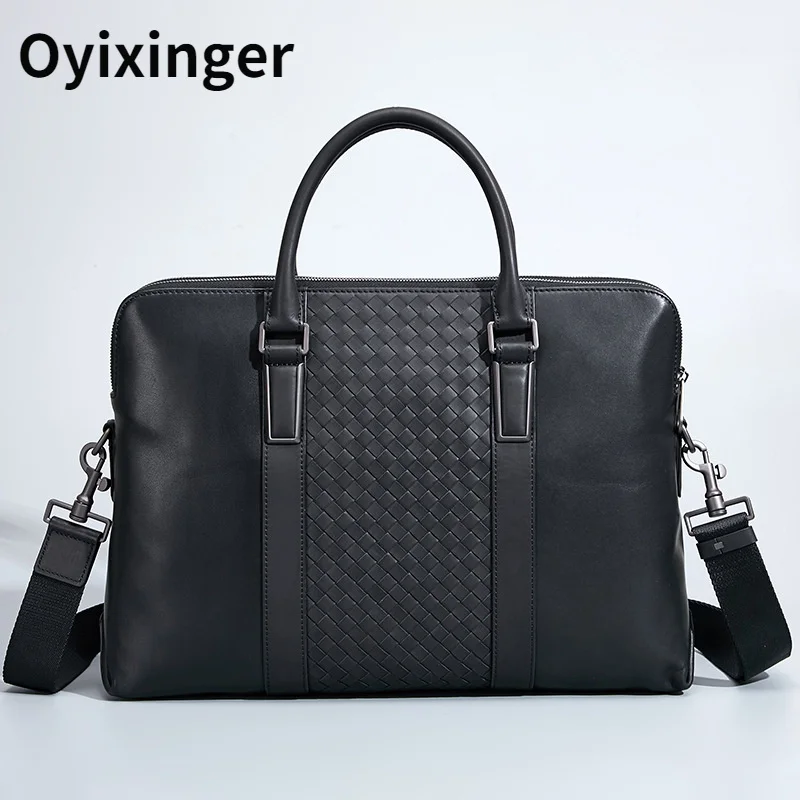 OYIXINGER Business Woven Men's Handbag Soft Leather Office 15.6 Computer Bags For MacBook DELL HP New Luxury Handbags Briefcase