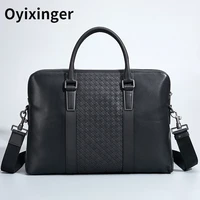 oyixinger business woven mens handbag soft leather office 15 6 computer bags for macbook dell hp new luxury handbags briefcase