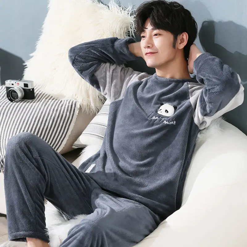 Men's Fashion Coral Fleece Pajamas Autumn and Winter Warm Panda Print Thicken Long Homewear Suit