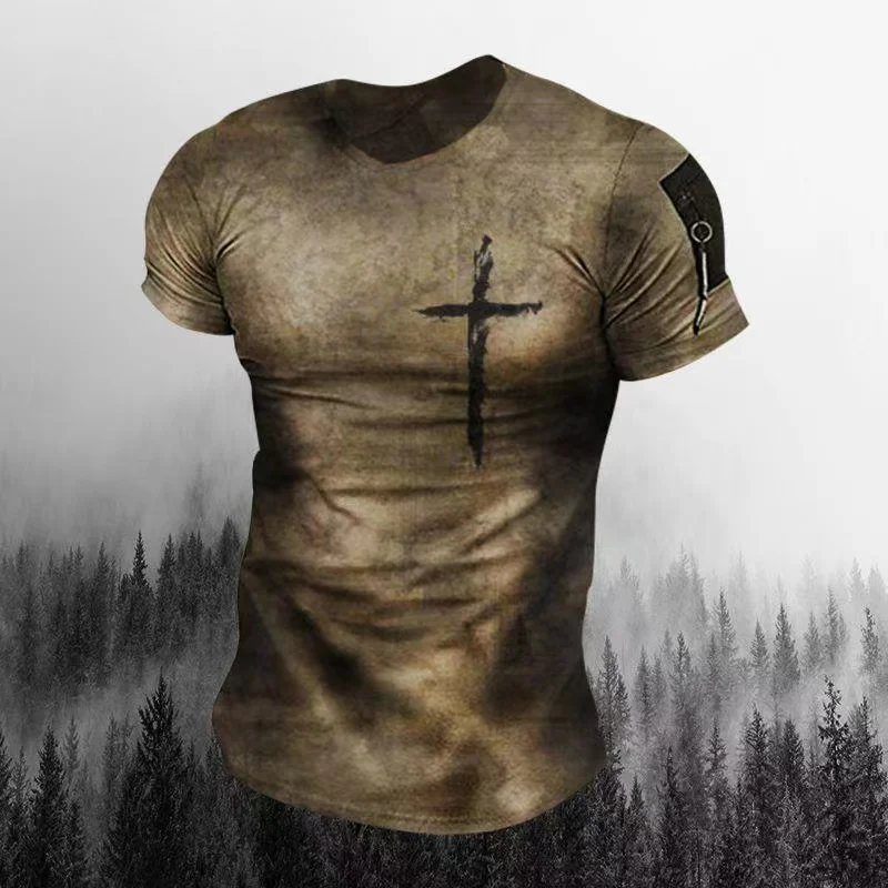 

2022 Vintage Men's T Shirts 3d Cross Print T Shirts for Men Oversized High Street Short Sleeve Fashion Casual Top Men's Clothing