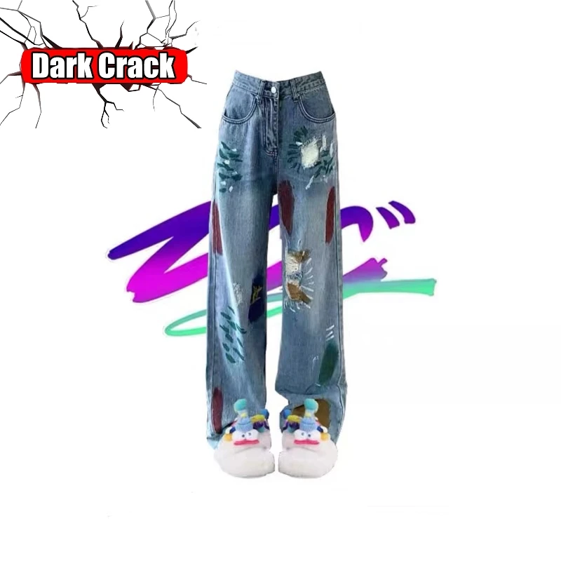 

Женские винтажные джинсы в стиле Харадзюку, голубые свободные джинсовые прямые брюки с высокой талией и широкими штанинами в стиле граффити, Y2k