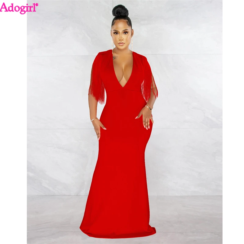 

Однотонное Вечернее Платье макси с бахромой Adogirl, женское элегантное сексуальное облегающее длинное платье без рукавов с глубоким V-образны...