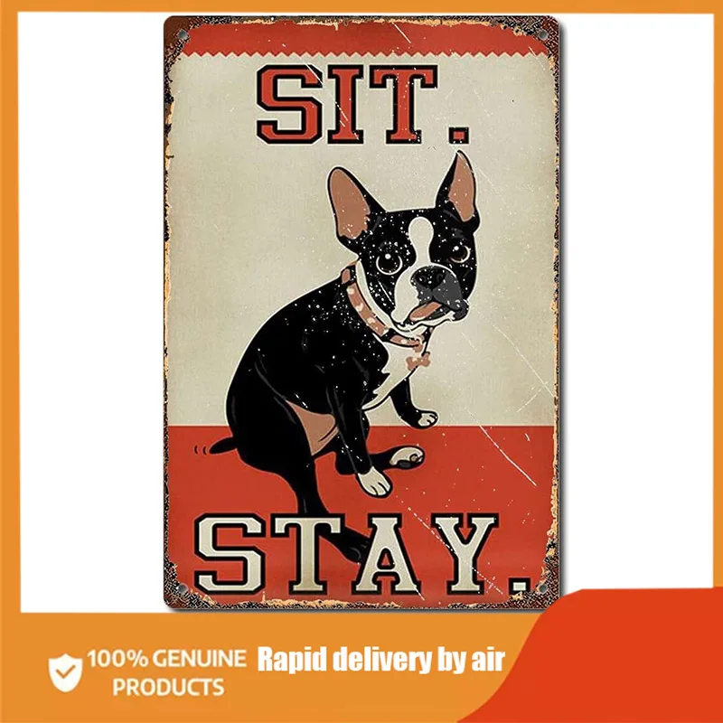 

Gift for Boston Terrier Lovers Sit Stay Coffee Shop Wall Art Dog, Home Decor Vintage Metal Tin Sign Back Satin Bar Poster