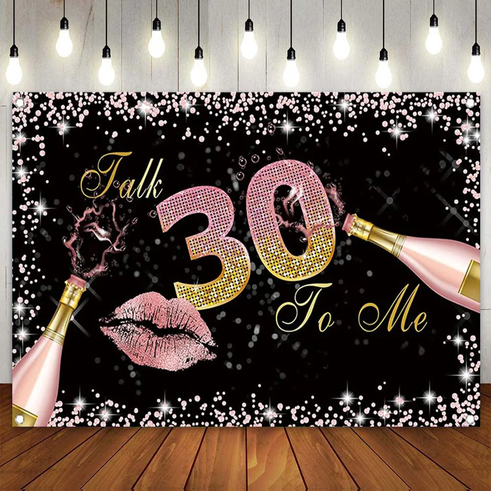 

Happy 30th Birthday Backdrop Party Banner 30 Years Old Black Pink Glitter Dots Champagne Red Lips Background for Women Thirty