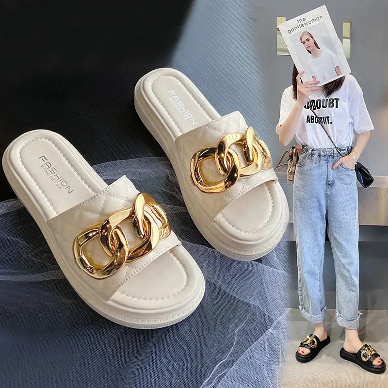 

Net Black/White Fashion Thick Bottom Sandals And Slippers Women's All-match Summer Casual Metal Buckle One-word Slippers 36-41