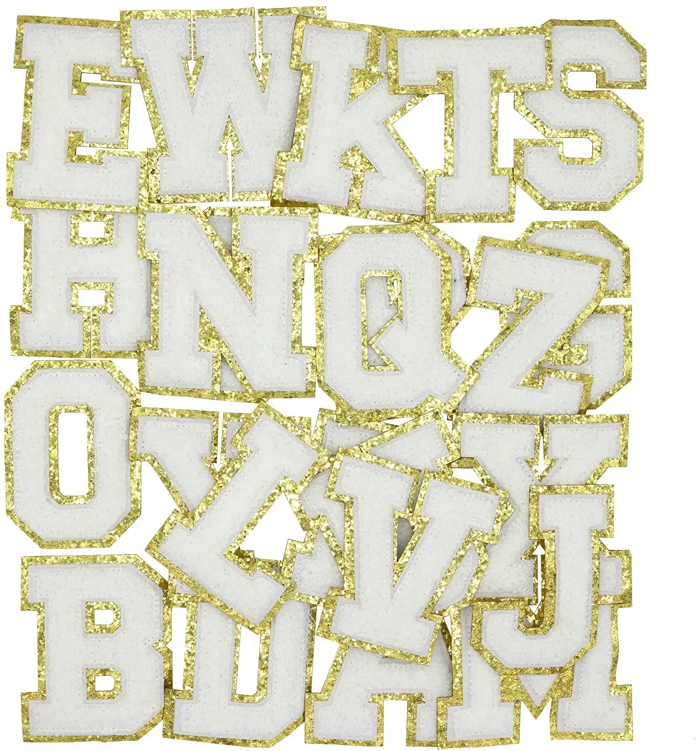 

White Varsity Chenille English Letter A-Z Iron Repair Patches Alphabet Sewing Appliques Diy Name Clothing Badges With Gold Glitt
