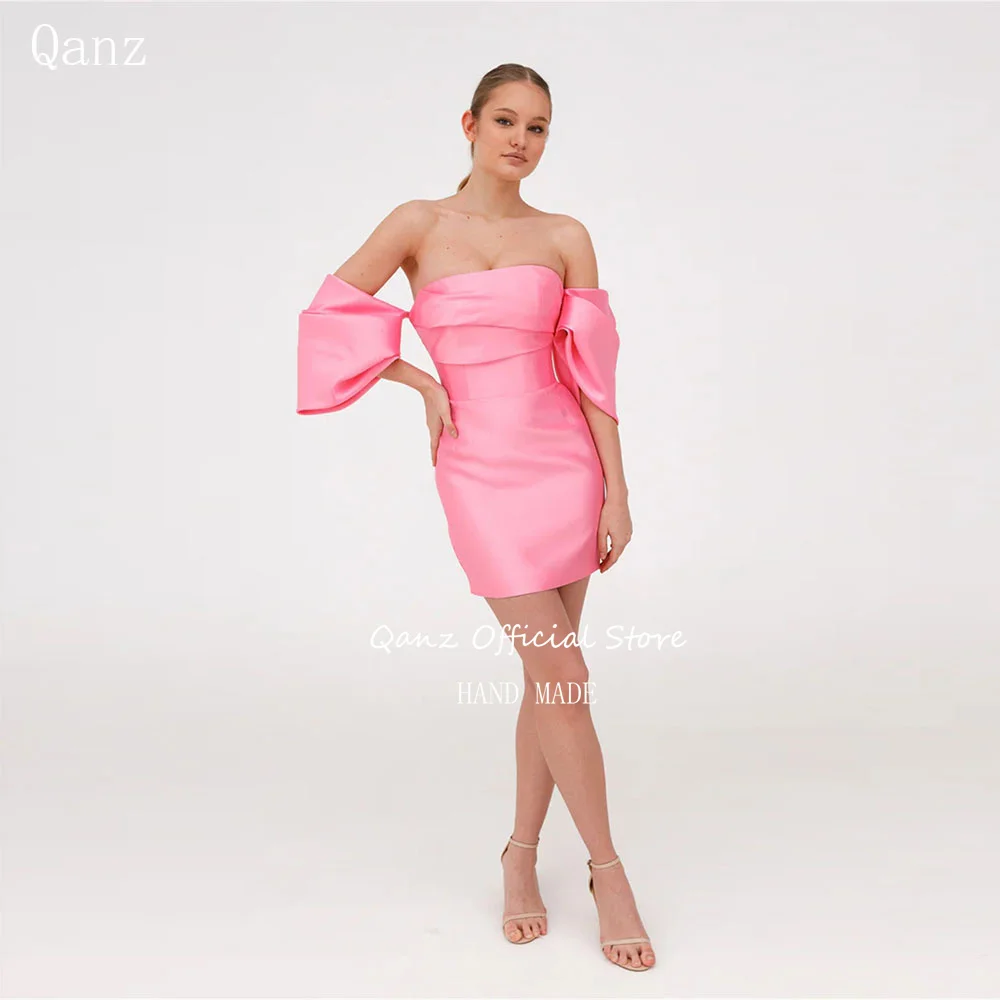 Qanz Розовые атласные платья для выпускного вечера со съемным бантом и открытыми