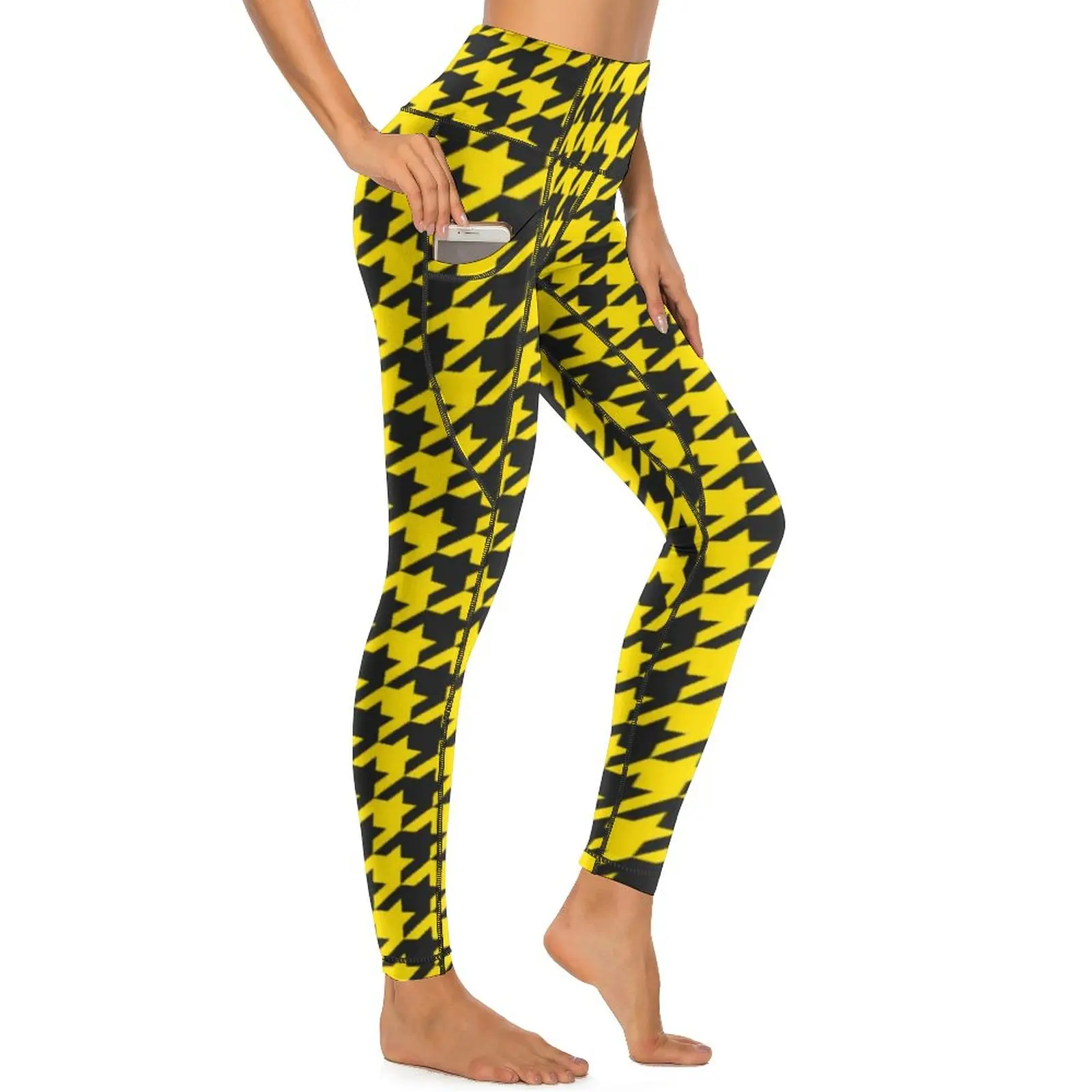 

Yellow Black Houndstooth Leggings Vintage Print Workout Yoga Pants High Waist Retro Sports Tights Stretch Graphic Yoga Legging