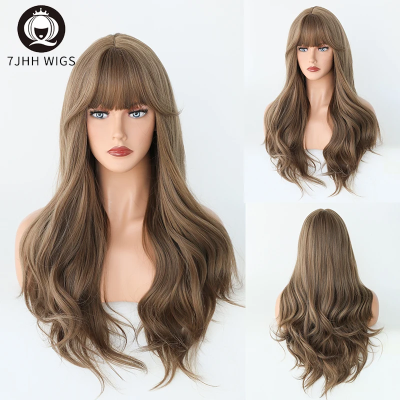 

7JHH Flaxen Brown Color Long Wavy Wigs Woman Synthetic Wig with Bangs Cosplay Female Natural Water Wave Hair Heat Resistant Wigs
