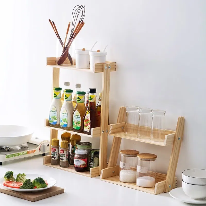 

Wood Desktop Shelf Kitchen Storage Rack Organizer Spice Rack Seasoning Jars Bottles Holder Kitchen Storage Shelf Accessories