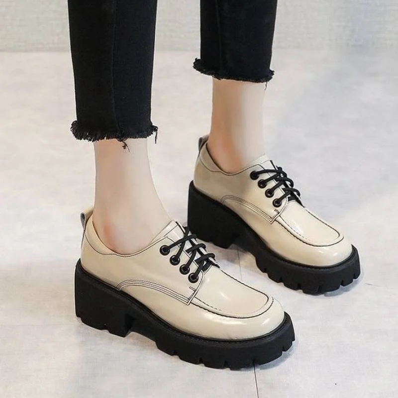 

2022 Spring Woman Shoes Med Heels Platform Chunky Heel Pumps Lace Up Square Toe Female Shoes Black 35-40