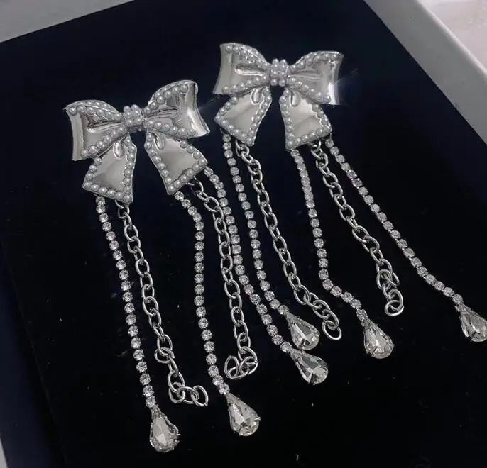 Korean luxury tassel earrings pearl bow rhinestone ins personality sweet girl fashion jewelry