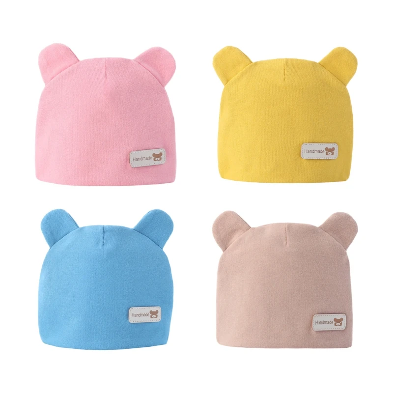 

67JC Newborn Baby Cute Cartoon Bear Ears Beanie Cap Letters Label Infant Toddler Solid Color Cotton Soft Elastic Hospital Hat