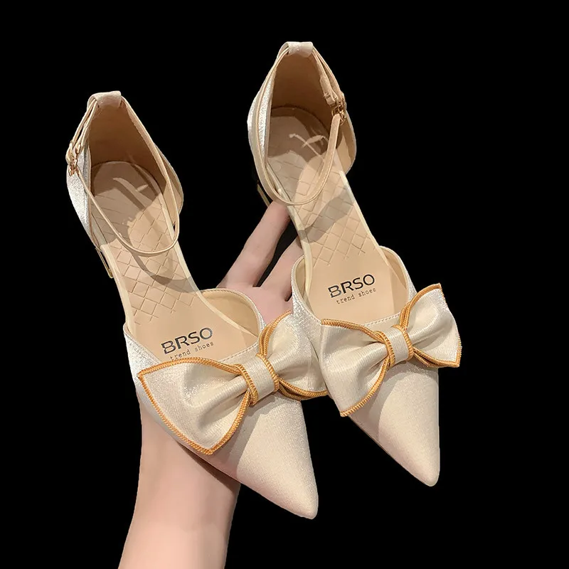 

Single Spring Women's Fairy All-match Pointed Toe Thick Heels Ins Bow High-heeled Sandals Shoes Women ladies shoes and sandals