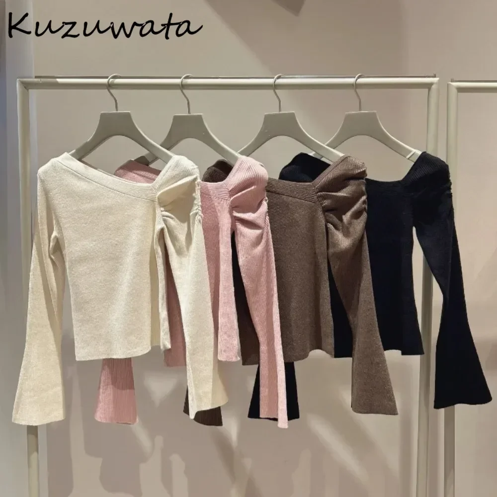Kuzuwata повседневный тонкий укороченный топ с косым воротником и пышными рукавами