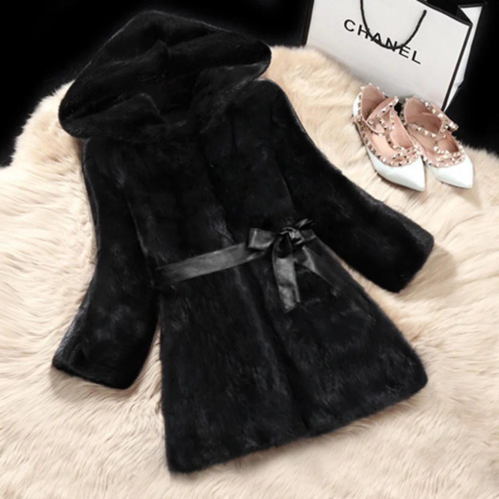 Women's Leather Fur Coat Fashion Hooded Faux Fur Coat Women's Autumn and Winter Warm Top Faux Fur Coat