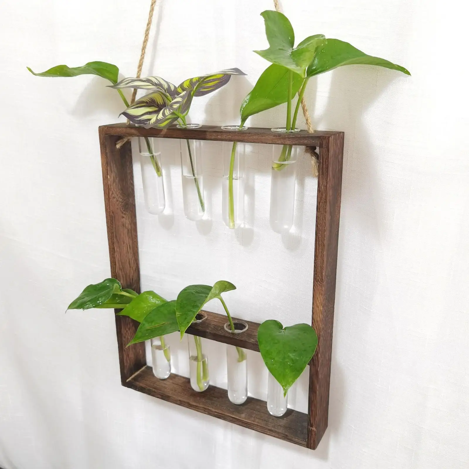

Wall Hanging Glass Vase Wood Stand w/ 8 Tubes Decoration for Living Room