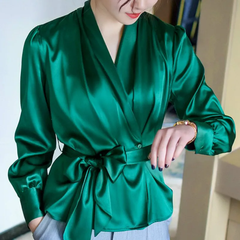 

Women Faux Silk OL Shirt waist tie with bowtie V-neck satin Blouses elegant Cardigan long-sleeved Stitching Tops with Belt 2022