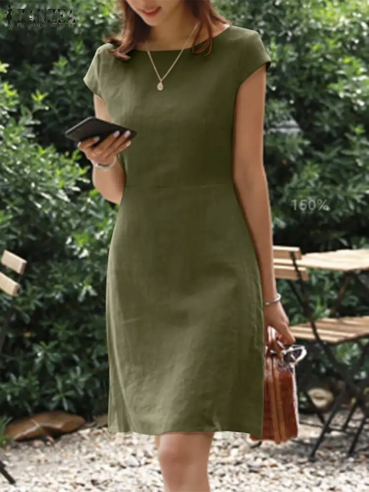 Summer Solid Midi Dresses Women Elegant Short Sleeve Half O-Neck Zipper Dresses 2023 Female Work Vintage Back V Neck Sundress